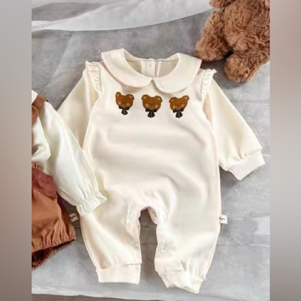 Cream Bear Print Kids One Piece